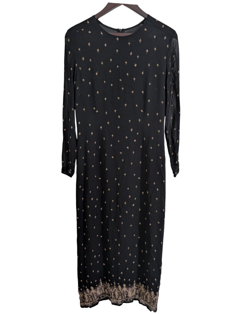 Vintage 90's Indies Black Sheer Sleeve Floral Midi Dress Whimsigoth Boho Size M - Picture 2 of 9